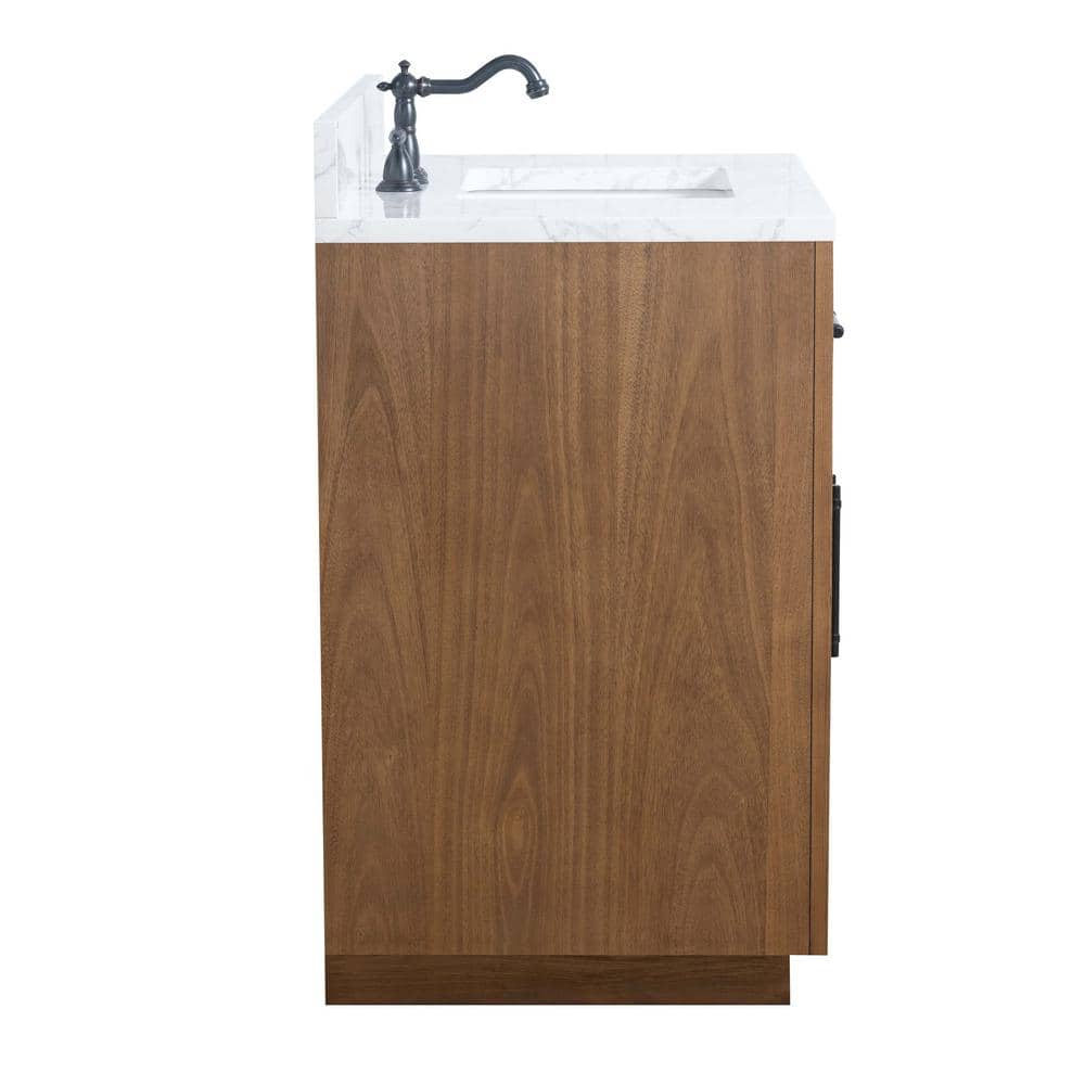 36" Tan Poplar Wood Bathroom Vanity with White Marble Top