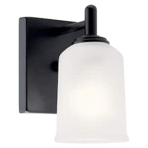 Shailene 1-Light Black Bathroom Indoor Wall Sconce Light with Satin Etched Glass Shade