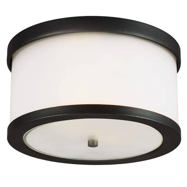 Sea Gull Lighting Bucktown 11.25 in. W 2-Light Outdoor Black Ceiling Flushmount with Satin Etched Glass