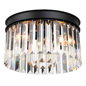 12 in. 3-Light Modern Black Round Flush Mount Ceiling Light with 2 Tiers Clear Crystal Shades