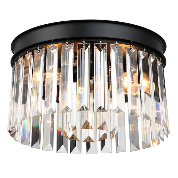 pasentel 12 in. 3-Light Modern Black Round Flush Mount Ceiling Light with 2 Tiers Clear Crystal Shades