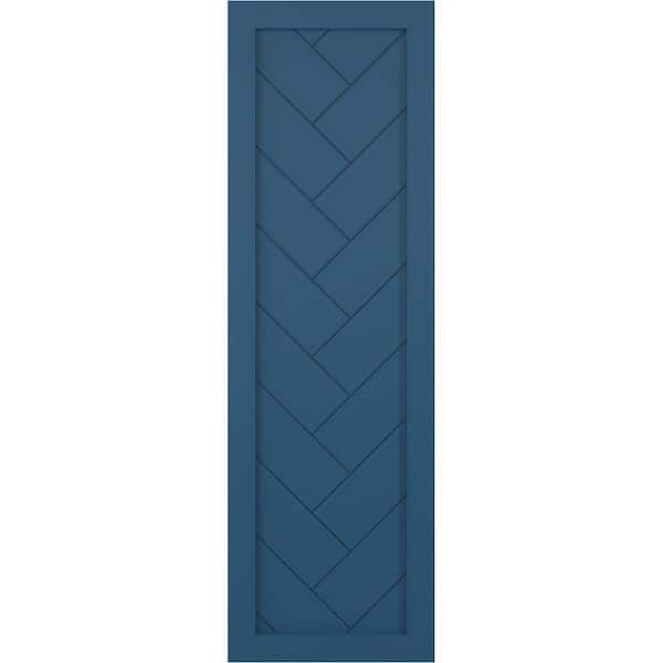 Ekena Millwork 12 in. x 44 in. PVC Single Panel Herringbone Modern Style Fixed Mount Board and Batten Shutters Pair in Sojourn Blue