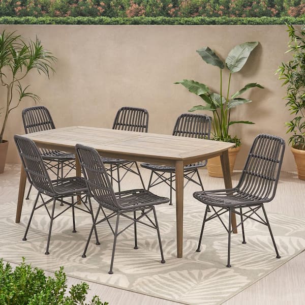 Noble House Sawtelle Grey 7-Piece Wood Rectangular Patio Outdoor Dining Set