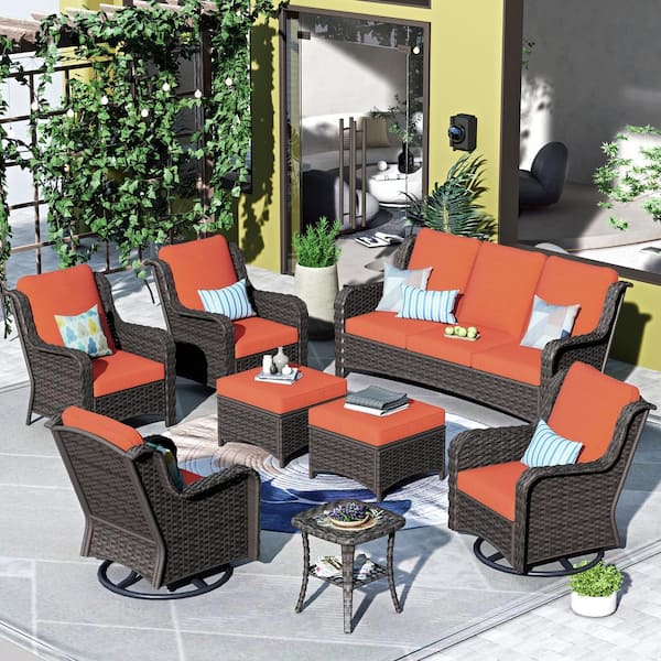 HOOOWOOO Oreille Brown 8-Piece Wicker Outdoor Patio Conversation Sofa Set with Swivel Rocking Chairs and Orange Red Cushions