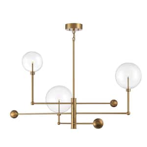 46 in. W x 25 in. H 3-Light Natural Brass Chandelier with Clear Orb Glass Shades, LED Light Bulbs and Adjustable
