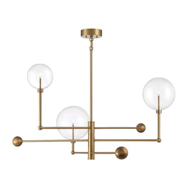 TUXEDO PARK LIGHTING 46 in. W x 25 in. H 3-Light Natural Brass Chandelier with Clear Orb Glass Shades, LED Light Bulbs and Adjustable