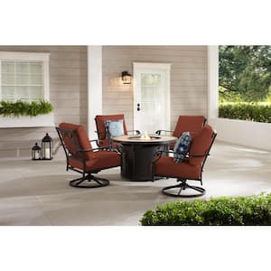 Bowbridge 5-Piece Black Steel Outdoor Patio Fire Pit Seating Set with CushionGuard Quarry Red Cushions