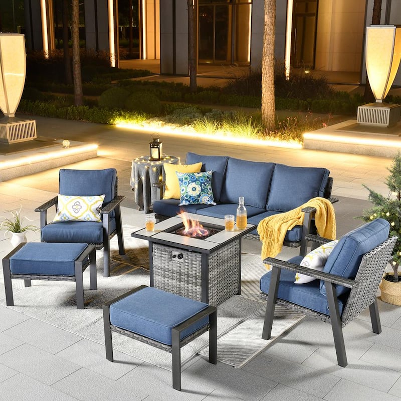 Walden Grey 6-Piece Wicker Steel Outdoor Patio Conversation Sofa Set with a Fire Pit and Denim Blue Cushions