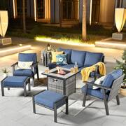 Walden Grey 6-Piece Wicker Steel Outdoor Patio Conversation Sofa Set with a Fire Pit and Denim Blue Cushions