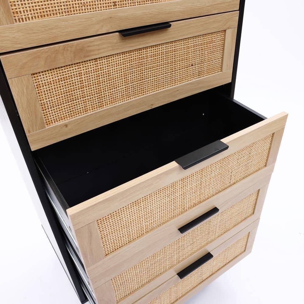 Mid-Century Black and Rattan 5-Drawer Vertical Chest