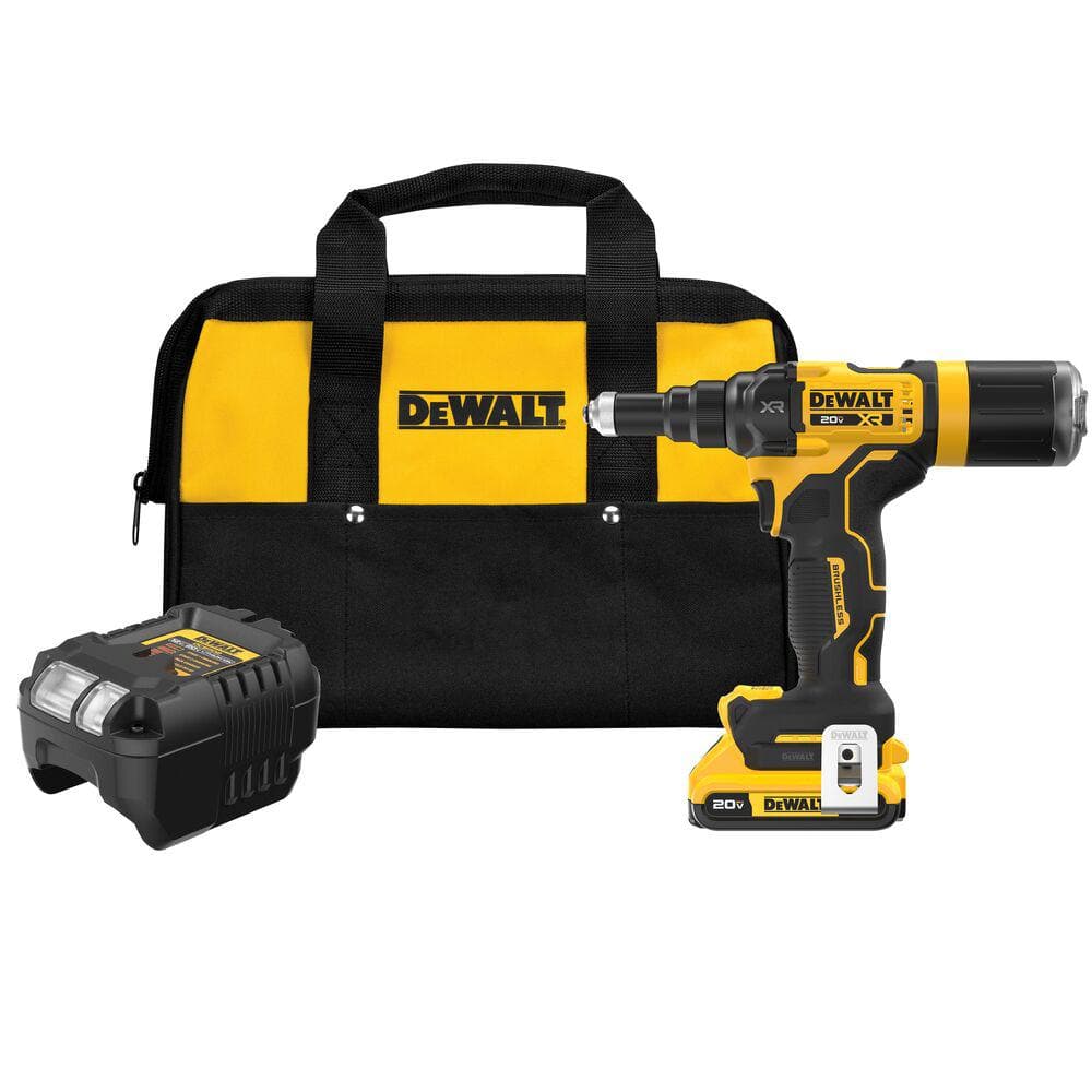 DEWALT 20V MAX XR Lithium Ion Brushless Cordless 3 16 in. Rivet Tool Kit with 2.0 Ah Battery Charger and Bag DCF403D1 The Home Depot