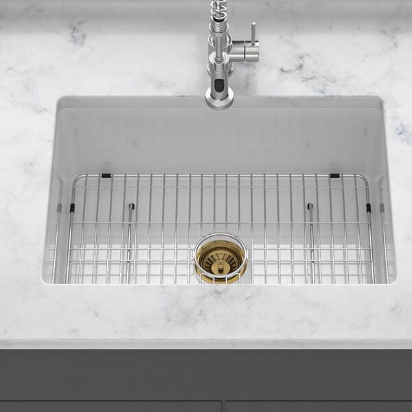 30 in. Undermount Single Bowl White Ceramic Kitchen Sink with Bottom Grids