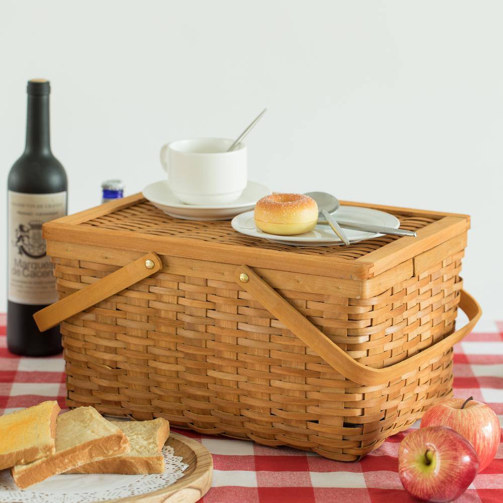Large Natural Woodchip Picnic Basket with Movable Handles and Lid