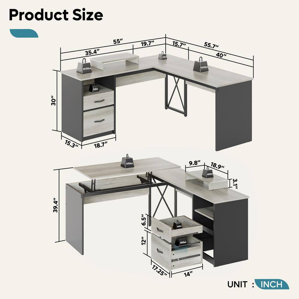Retro Grey Oak L-Shaped Adjustable Height Desk with Filing Cabinet