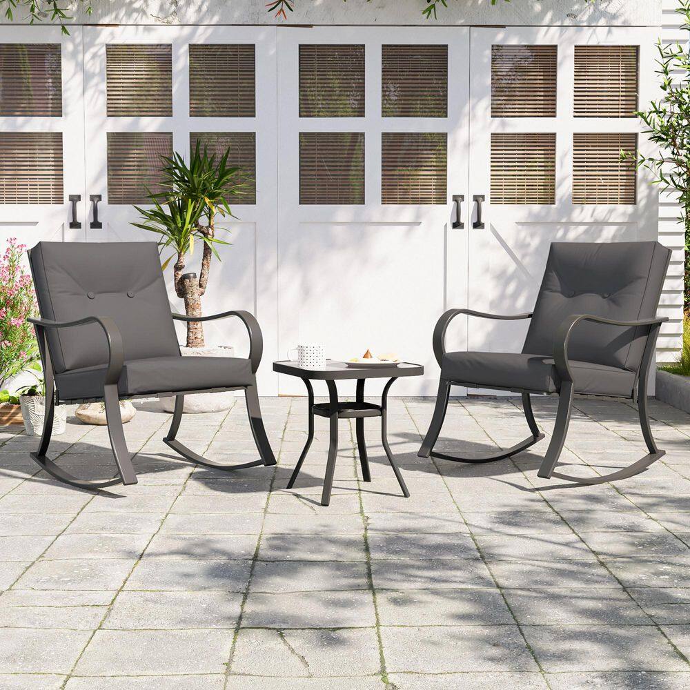 Patio Furniture Set, 3-Piece Metal Garden Rocking Chair, Bistro Set With Thick Cushions Tempered Glass Table, Gray price history on PriceWatchPro