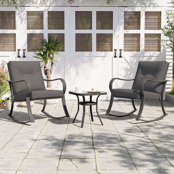 SANLUCE Patio Furniture Set, 3-Piece Metal Garden Rocking Chair, Bistro Set With Thick Cushions Tempered Glass Table, Gray