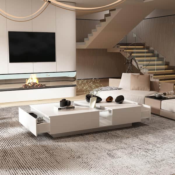 FUFU&GAGA 55.1 in. W White Rectangle Wooden Coffee Table