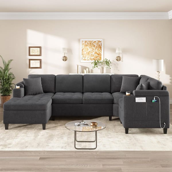 115.7 in. Chenille Fabric U-Shaped Sectional Sofa in. Grey Storage with Cup Holders and USB Ports