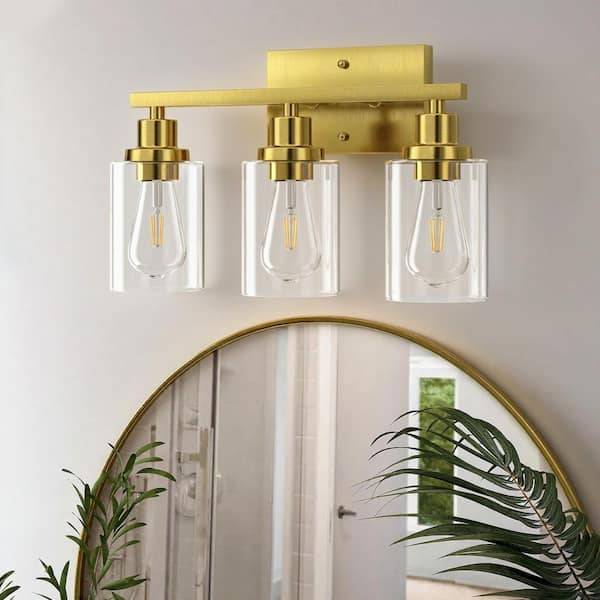 16.9 in. 3-Light Brushed Gold Vanity Light with Clear Glass Shades and Rectangular Backplate