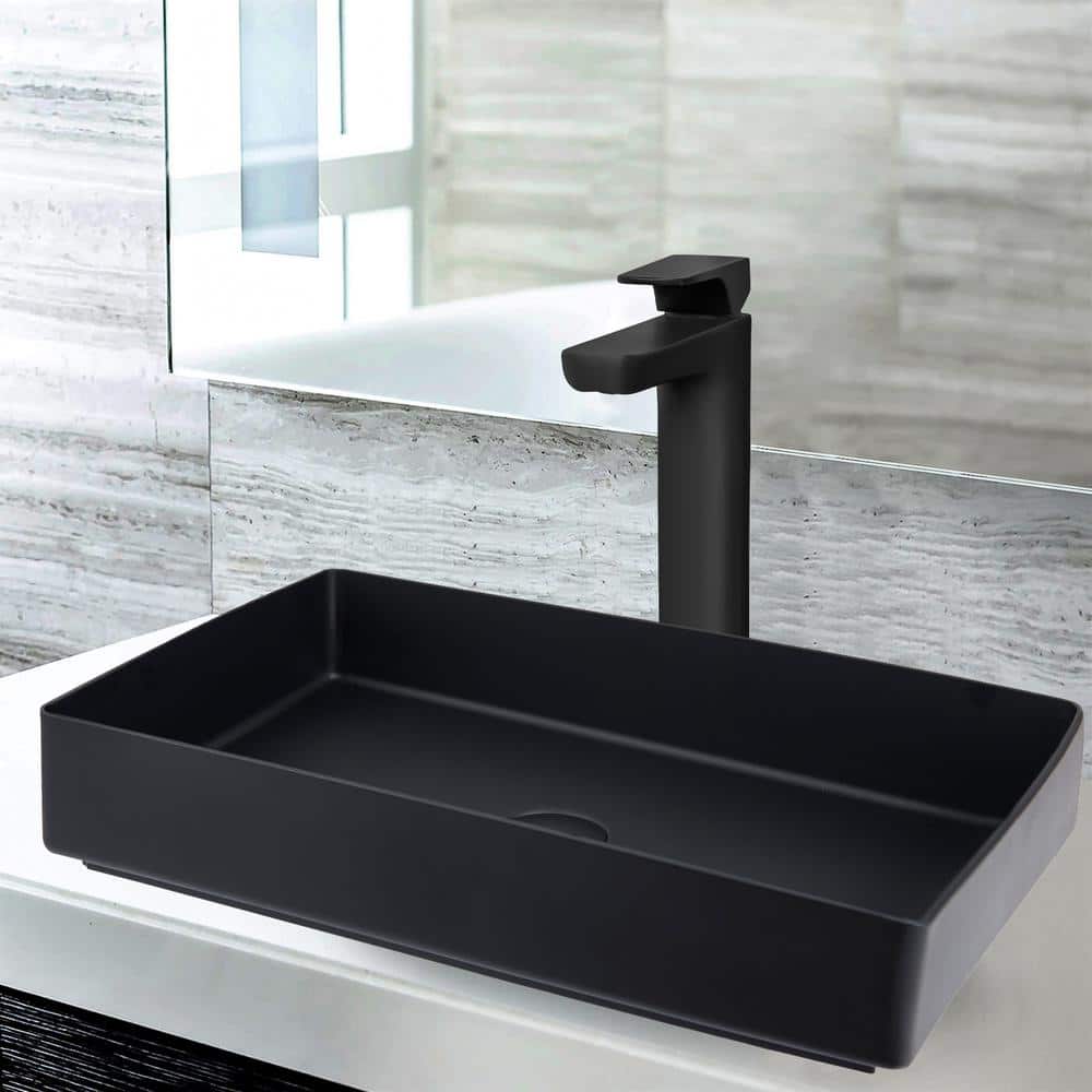 AKDY Matte Black Stainless Steel Rectangular Bathroom Vessel Sink with High Arc Faucet BS00353