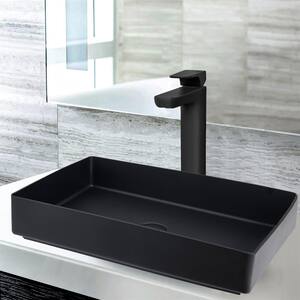 Matte Black Stainless Steel Rectangular Bathroom Vessel Sink with High Arc Faucet