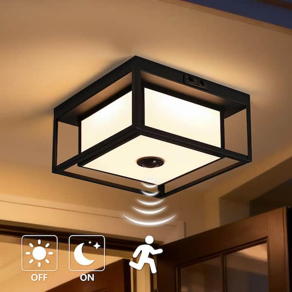 10.5 in. Black Wet Rated Motion Sensing Dusk to Dawn Non-Dimmable 3000K 700LM LED Outdoor Flush Mount Ceiling Light
