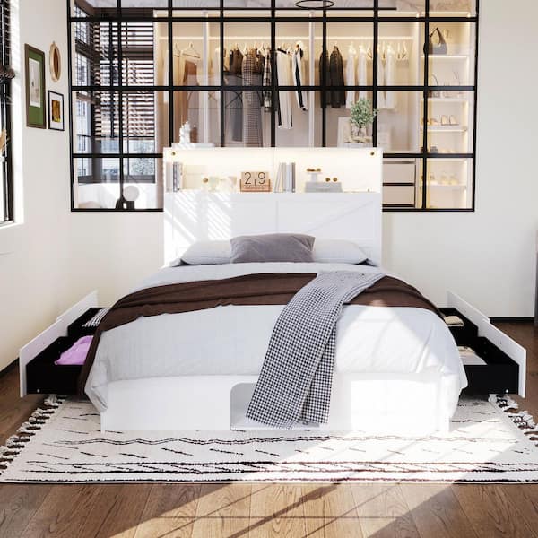 White Wooden Frame Queen Size Platform Bed, Panel Bed with 4 Large Drawers, 2 Open Shelves and Cat Tunnel