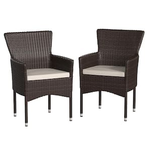 Brown Wicker/Rattan Outdoor Lounge Chair in White (Set of 2)