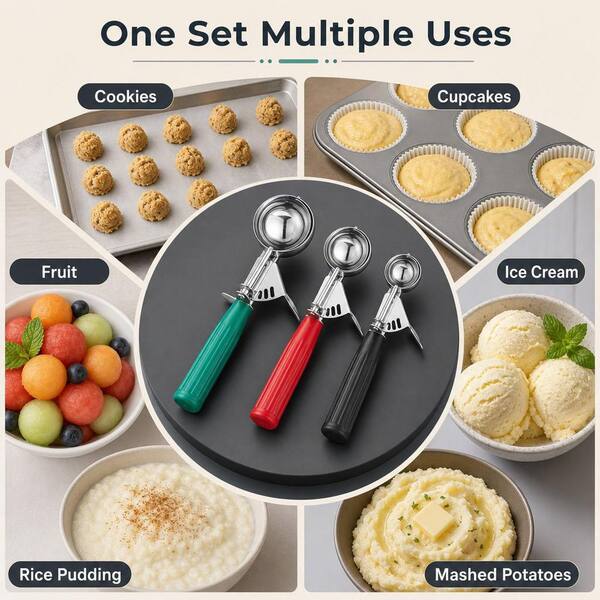 Numhew 3-Piece 18/8 Stainless Steel Cookie Scoop Set Multi-Colored