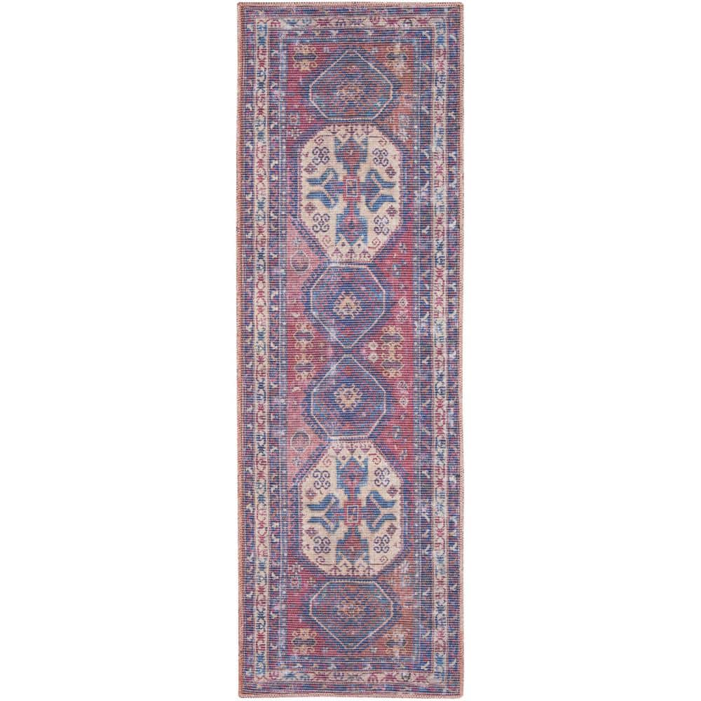 HomeRoots 10 ft. Blue and Red Floral Power Loom Distressed Washable ...