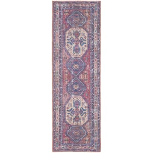 10' Blue and Red Floral Power Loom Distressed Washable Runner Rug