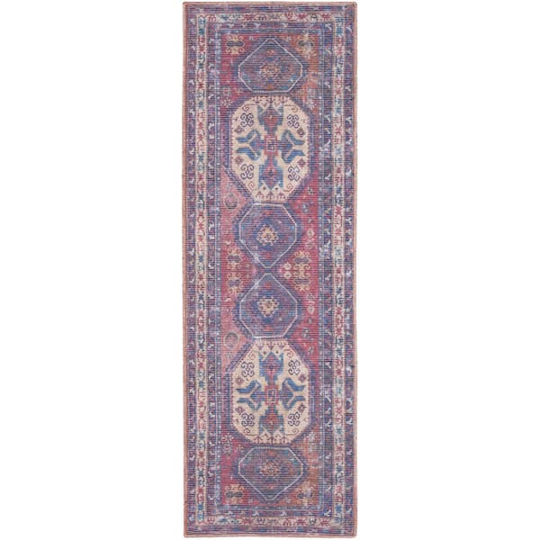 HomeRoots 10 ft. Blue and Red Floral Power Loom Distressed Washable Runner Rug