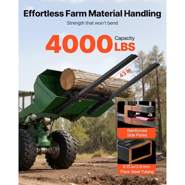 Pallet Forks, 4000 lbs. Clamp on Pallet Forks, 60-In. Total Length Heavy-Duty Tractor Fork, for Skid Steer, Black
