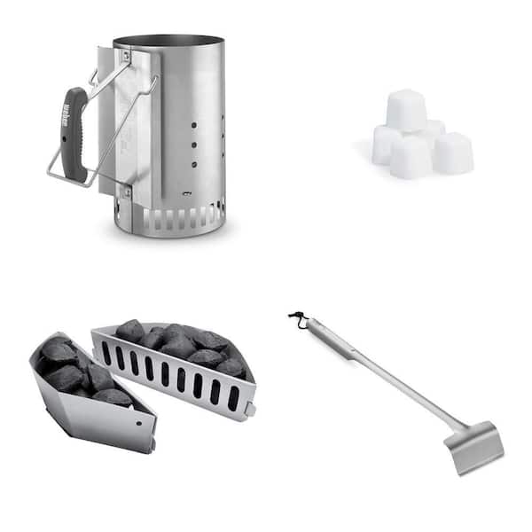 Charcoal Grill Accessory Bundle with Grill Rake, Fuel Holders, Lighter Cubes and Rapidfire Chimney Starter