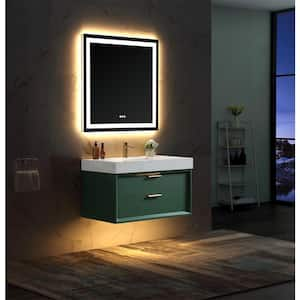 36 in. W x 21 in. D x 21 in. H Single Sink Bath Vanity in Green with White Marble Countertop, 2-Drawers and LED Light