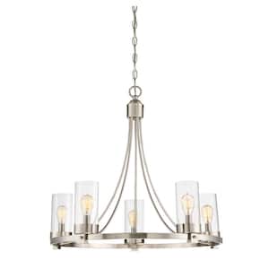 Meridian 26 in. W x 23 in. H 5-Light Brushed Nickel Chandelier with Clear Glass Cylindrical Shades