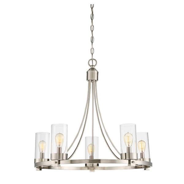 Savoy House Meridian 26 in. W x 23 in. H 5-Light Brushed Nickel Chandelier with Clear Glass Cylindrical Shades