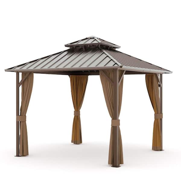 10 ft. x 10 ft. Outdoor Patio Aluminum Frame Gazebo with Double Hardtop Steel Roof, Mosquito Net and Curtains
