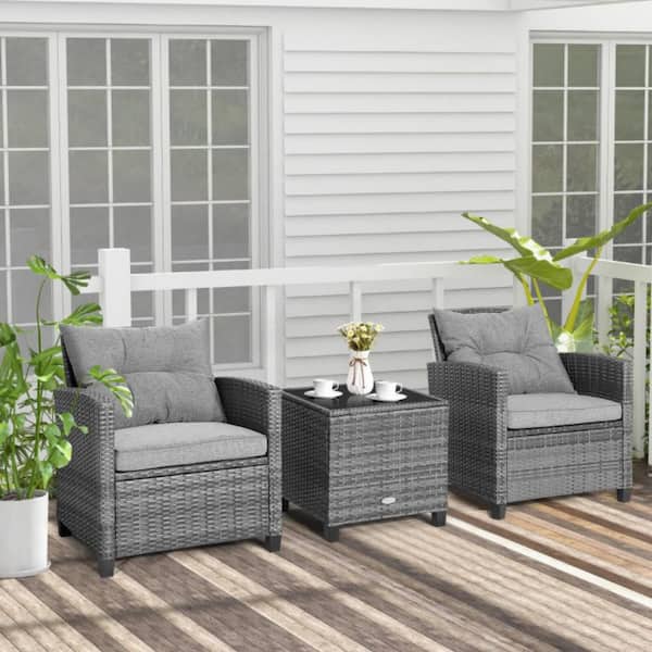 3-Piece Wicker Patio Conversation Set with Gray Cushions and Tempered Glass Tabletop