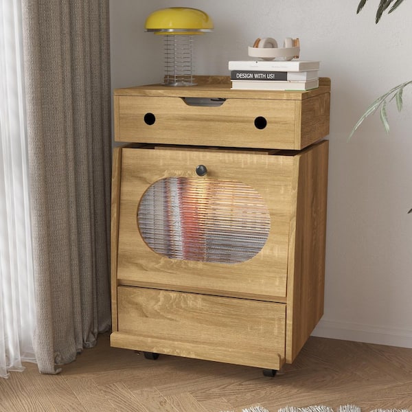 Natural Wood 2 Drawer 18.9 in. W Nightstand with 360° Rotating Top, Touch Light Strip, Fluted Glass & Swivel Casters