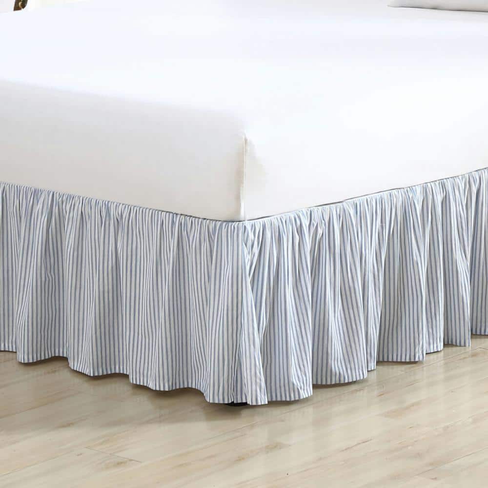 Blue and White Cotton Ruffled Queen Bed Skirt