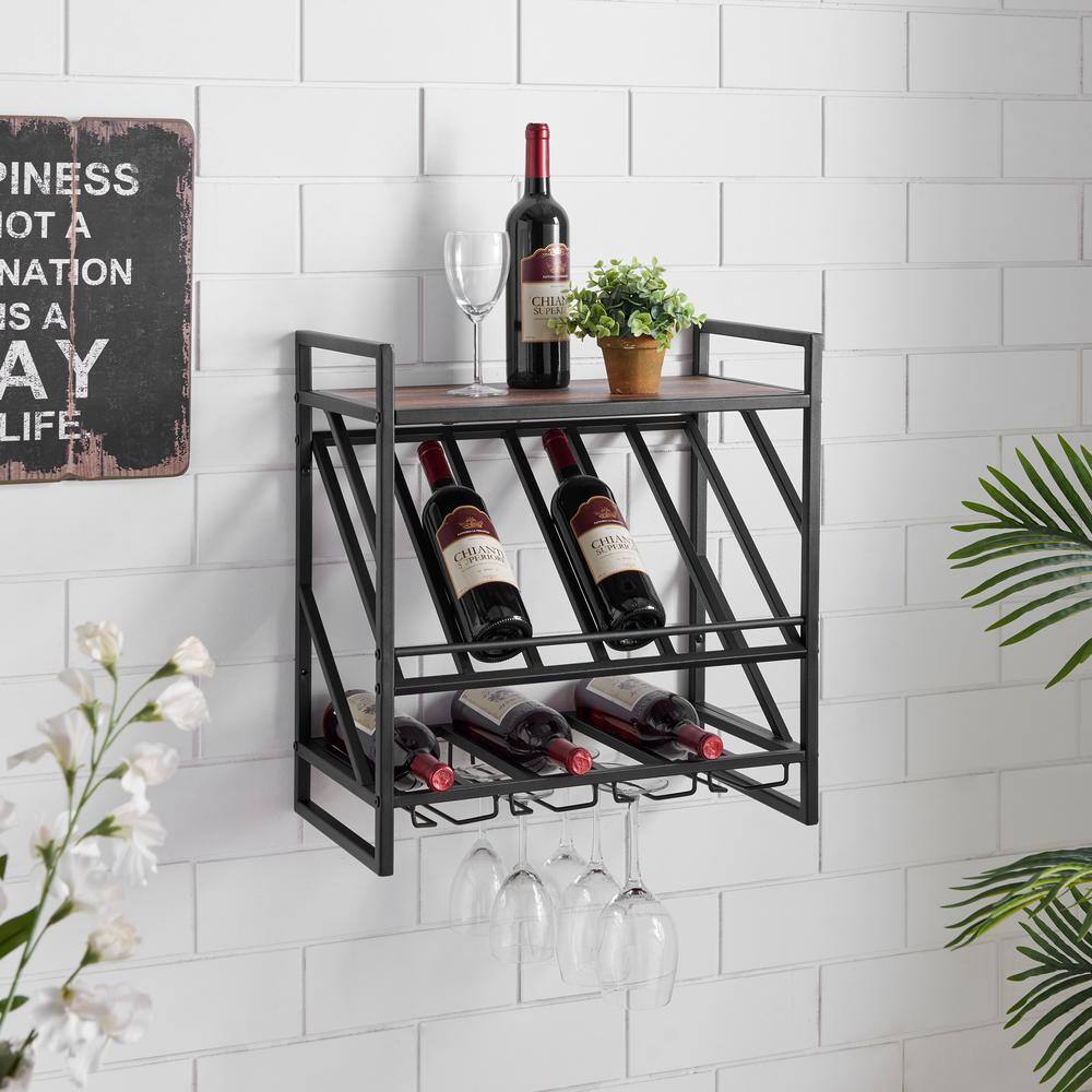 Industrial Wall Mount Metal Wine Rack with Distressed Wood Shelf
