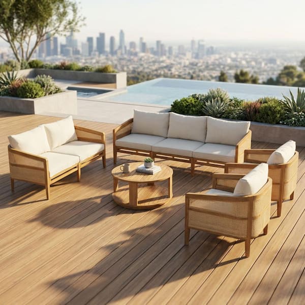 5-Piece Acacia Wood Outdoor Patio Furniture Sofa Set With Water-Resistant Beige Cushions for Backyard Poolside