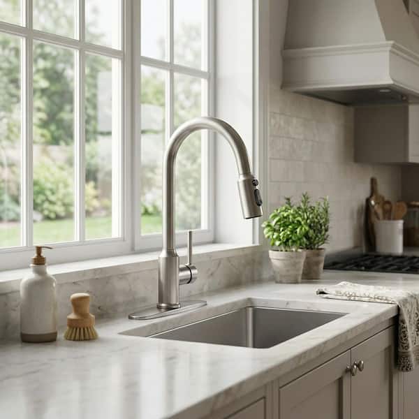 Modern High Arc Single Handle Pull-Down Sprayer Kitchen Faucet, Kitchen Sink Faucet with Deckplate in Brushed Nickel
