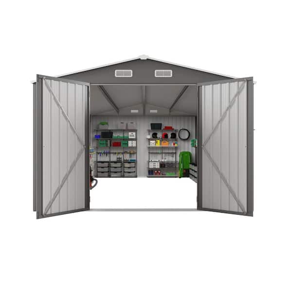 10 ft. W x 14 ft. D Metal Shed with Three Lockable Doors and Clear Window in Gray (140 sq. ft.)
