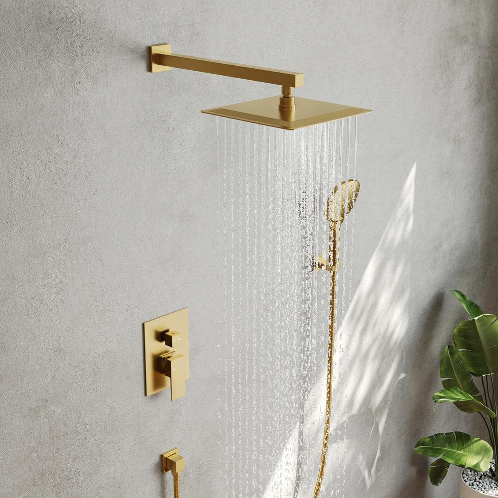 Large Brushed Gold Dual Square Wall Mounted Shower System