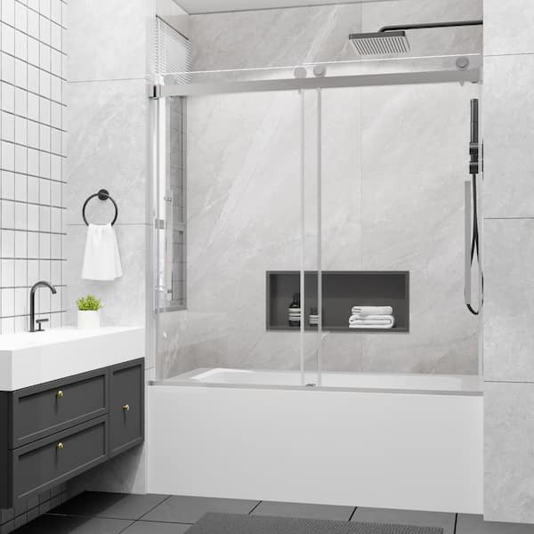 56 in. to 60 in. W x 58 in. H Sliding Frameless Tub Door in Brushed Nickel with 4/1 in. Tempered Clear Glass