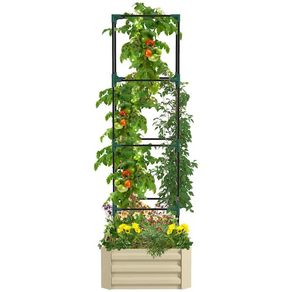 ToolCat 73 .5 in. x 24 in. Outdoor Planter Box with Trellis Galvanized Raised Garden Bed Open Bottom, Cream White