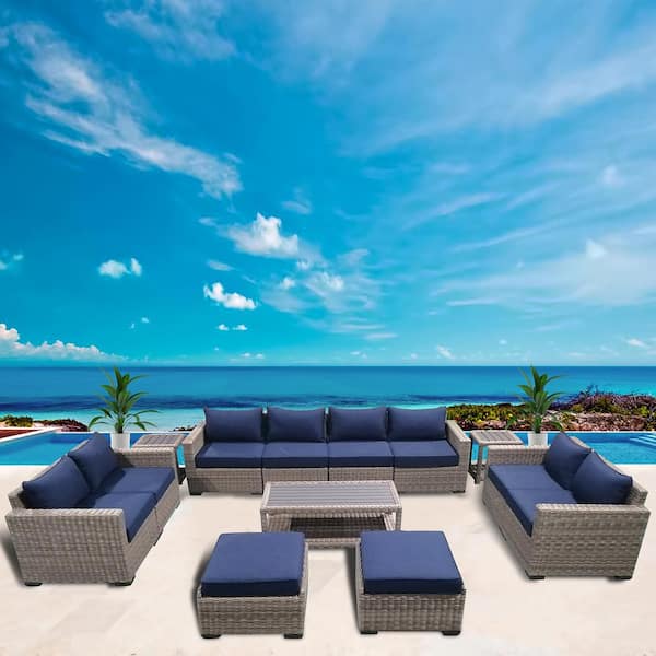 AndMakers 11-Piece Wicker Rattan Outdoor Sectional Set with Blue Cushions and Coffee Table and Side Table