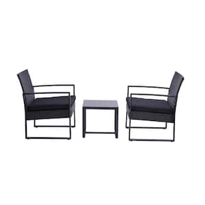 Black 3-Pieces Outdoor Patio Rattan Chair Conversation Set Wicker Patio Modern Set Sets with Black Cushions